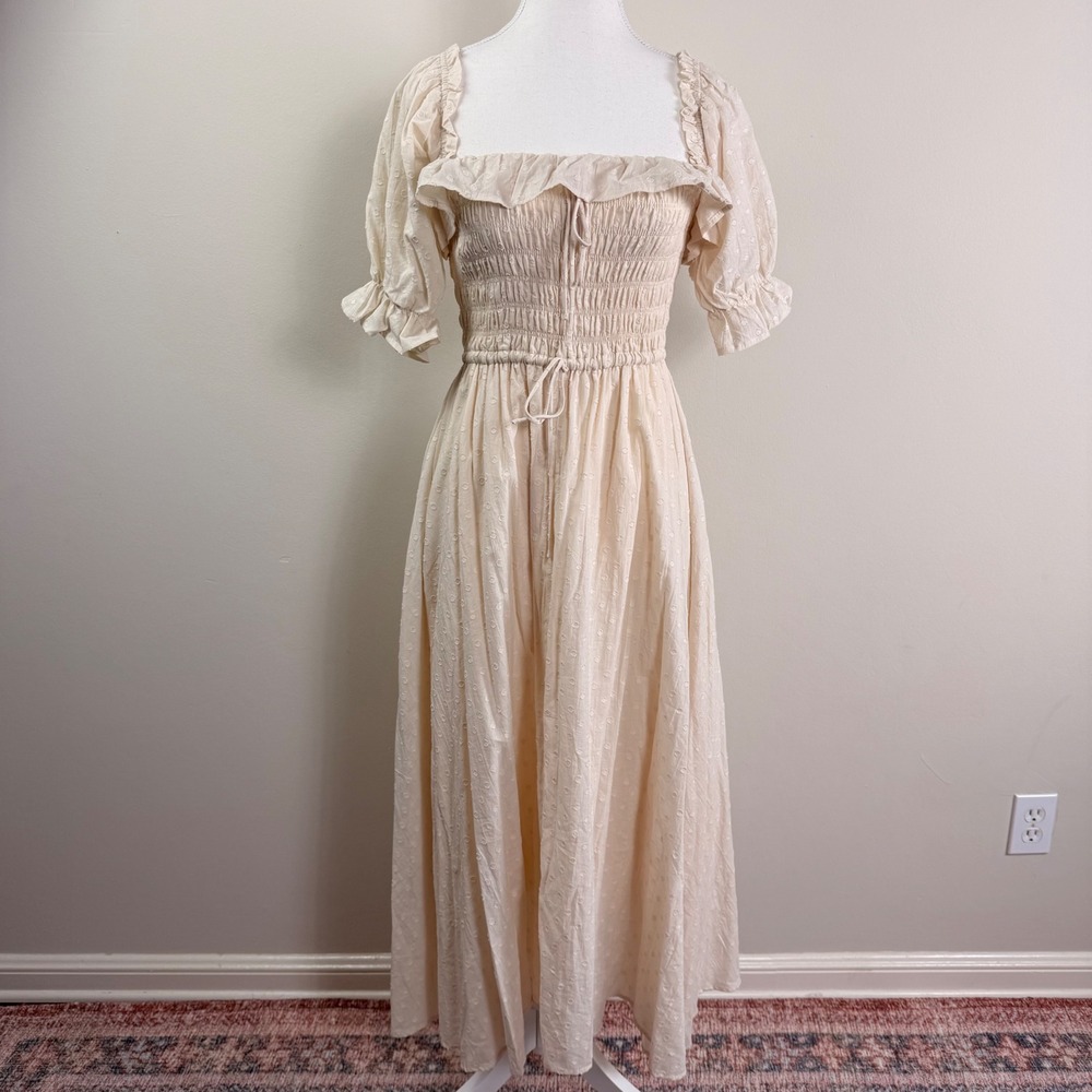 R.YIPOSHA Cream Swiss Dot Smocked Maxi Dress Puff Sleeve Cottagecore Size M 8/10